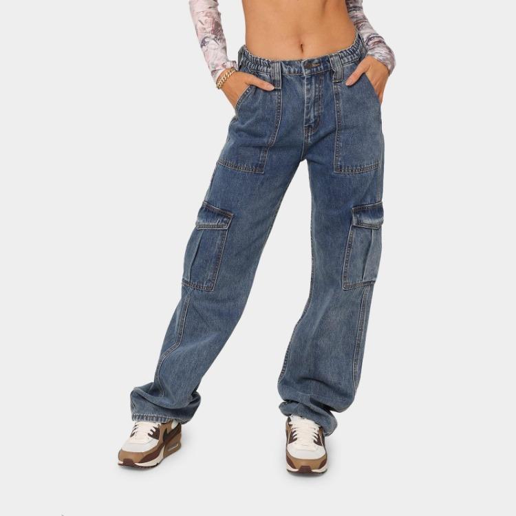 Jeans Cargo Larghi Dritti Casual da Donna con Tasche Multiple Pantaloni da Donna