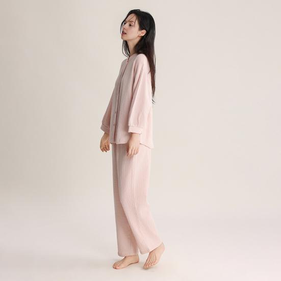 Women's Cotton Pajama Set Button Down Long Sleeve Top And Long Pants Loungewear Set Casual 2 Piece Sleepwear