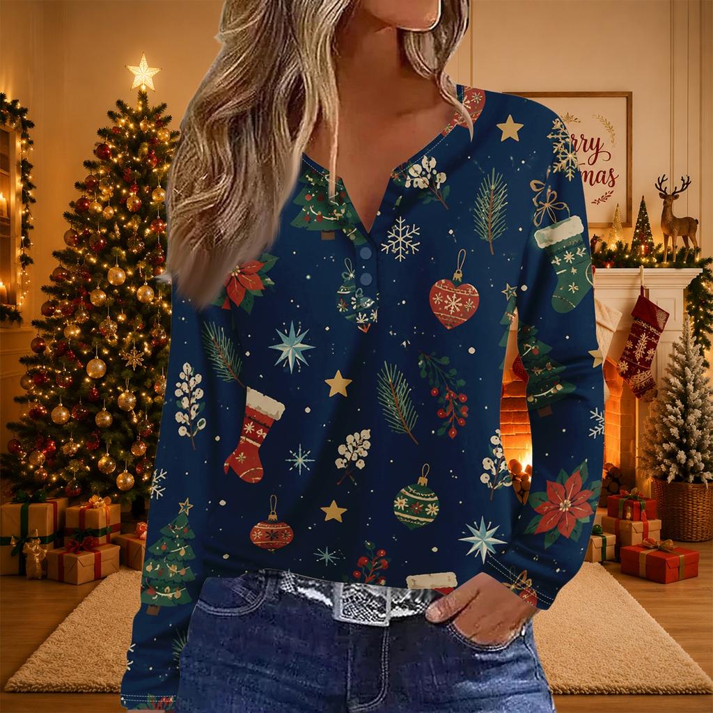 Women's Casual Christmas Print V-Neck Long Sleeve T-Shirt with Decorative Buttons