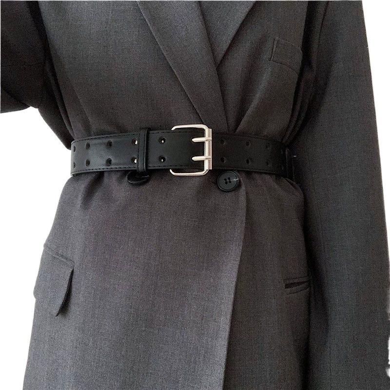 Pu Trendy Black Waist Belt With Double Holes For Vintage Inspired Attire Casual