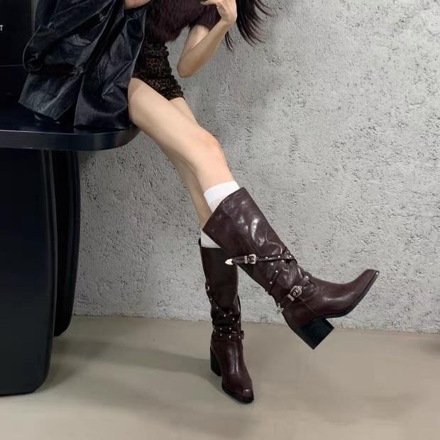 French thick heel belt buckle punk style high boots women's boots 2025 new small pointed long boots knight boots