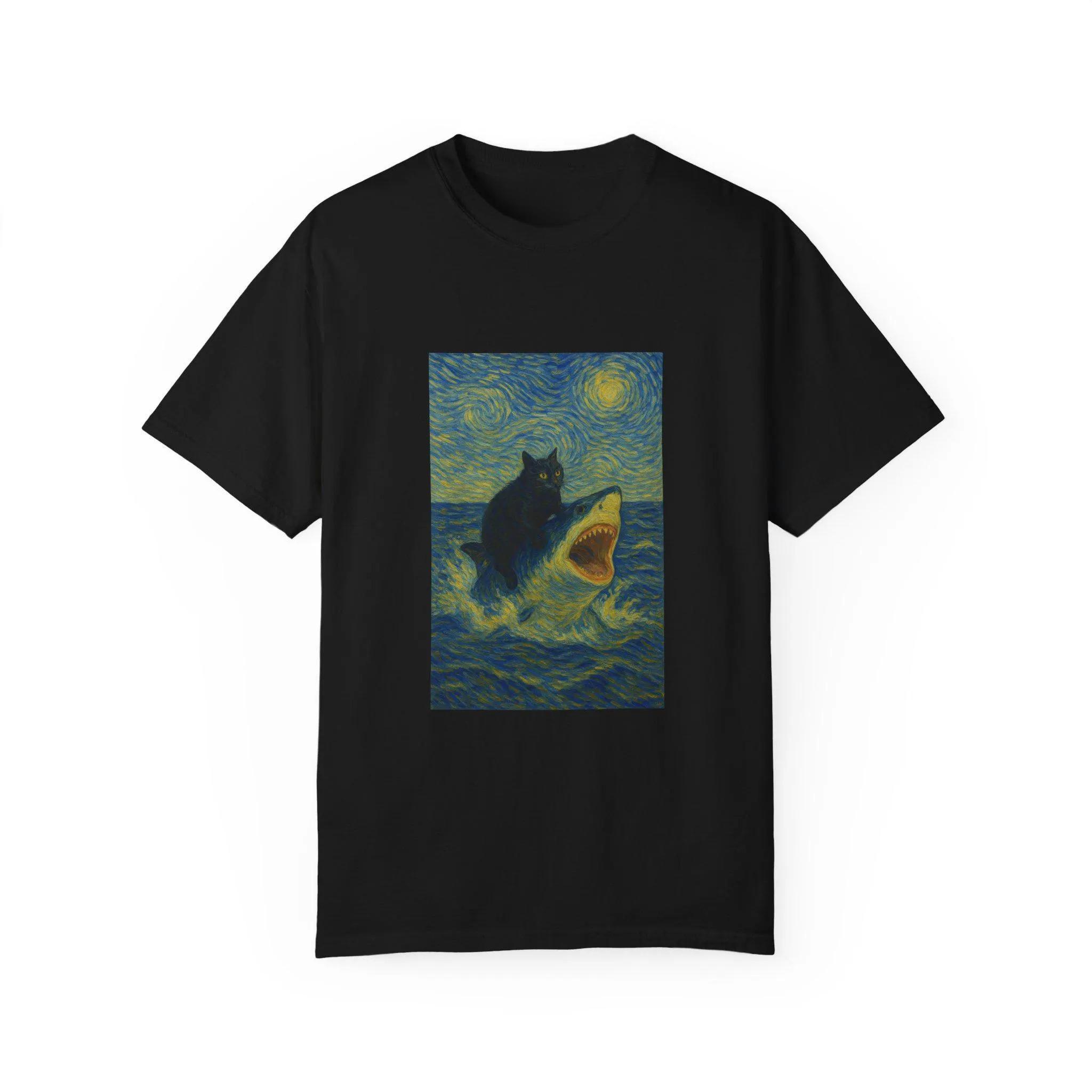 

Funny Cat Meme Comfort Colors Tee Vintage Van Gogh Parody Shirt Silly Cat Ride High-quality Crew-neck Short-sleeved Men s Tshirt S разноцветный