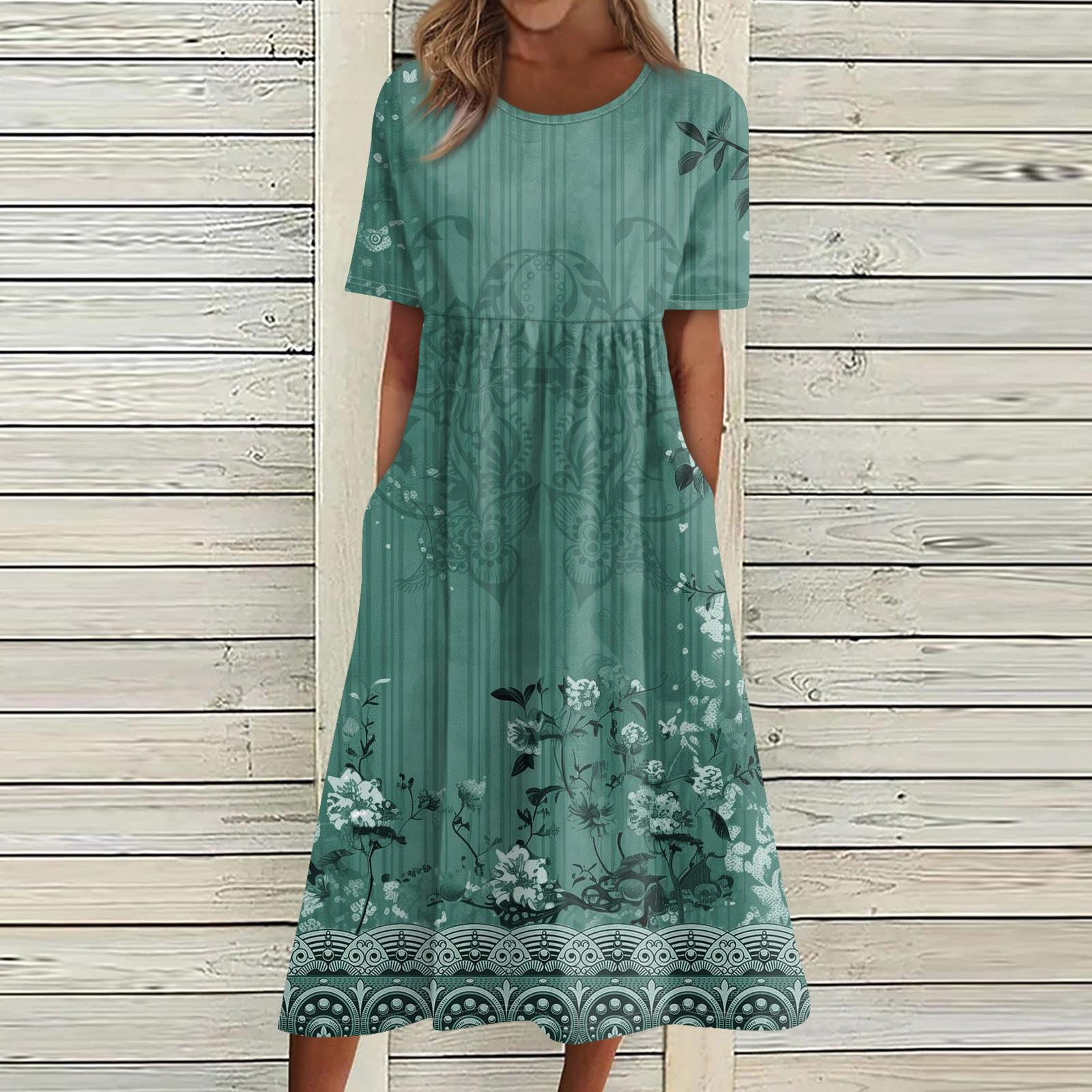 

Летнее платье для женщин, повседневное пляжное свободное платье с короткими рукавами и принтом M зелёный