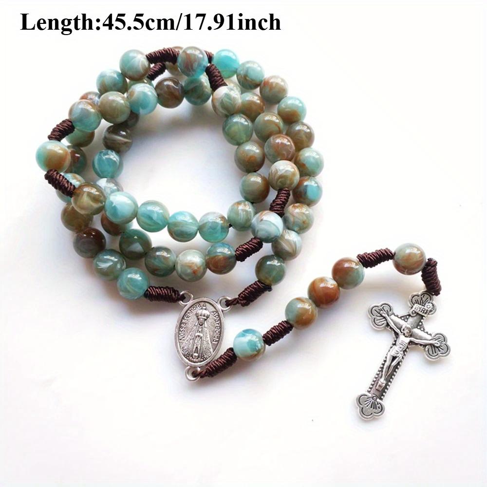 Religious Confirmation Catholic Trinity Crucifix Cross Blue Green Meditation Beads Chain Prayer Chaplet Rosary Necklace Jewelry