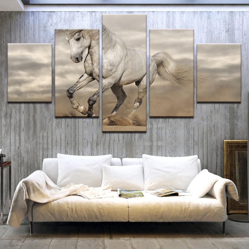 Wall Art Canvas 5 Piece Nordic Modern Animals White Horse And Prints Home Decor Painting For Living Room Decoration Pictures
