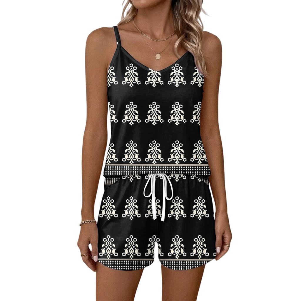 Women Summer Casual Two Piece Set Floral Print Sleeveless Tank Top with Square Neck and Drawstring Waist Shorts with Pockets