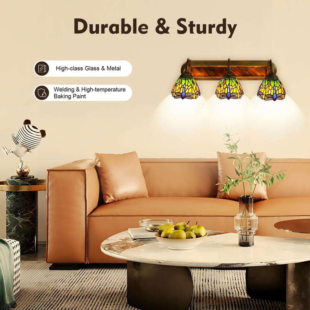 Vintage Dragonfly Wall Sconce 3-Light, Antique Glass & Metal Wall Lamp for Living Room, Bedroom, Hallway, E27 Base 110-240V