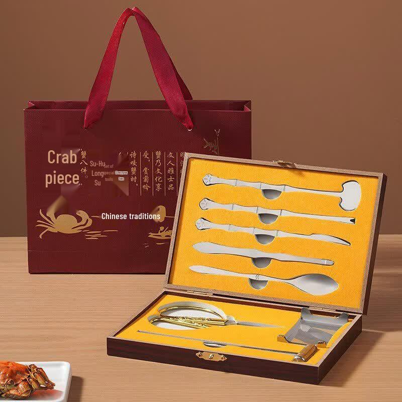 Stainless Steel Crab Eating Tool Set with Wooden Box