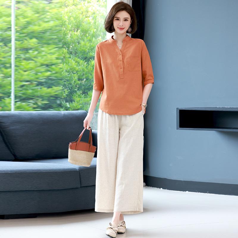 Trendy 2023 Cotton-Linen Two-Piece Set: Short-Sleeved Shirt & Summer Suit for Middle-Aged Moms