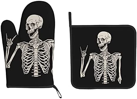 Skelett Totenkopf Boho Hippie Hitzebeständige Ofenhandschuhe und Topfhandschuh-Sets Langlebige Küchenhandschuhe für BBQ Kochen Backen Grillen