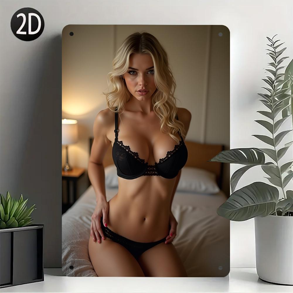 Vintage Sexy Beauty Metal Sign Elegant Blonde in Black Lingerie Retro Wall Art for Home Cafe Bar Living Room Dining R 20x30cm(7.8x11.8inch)