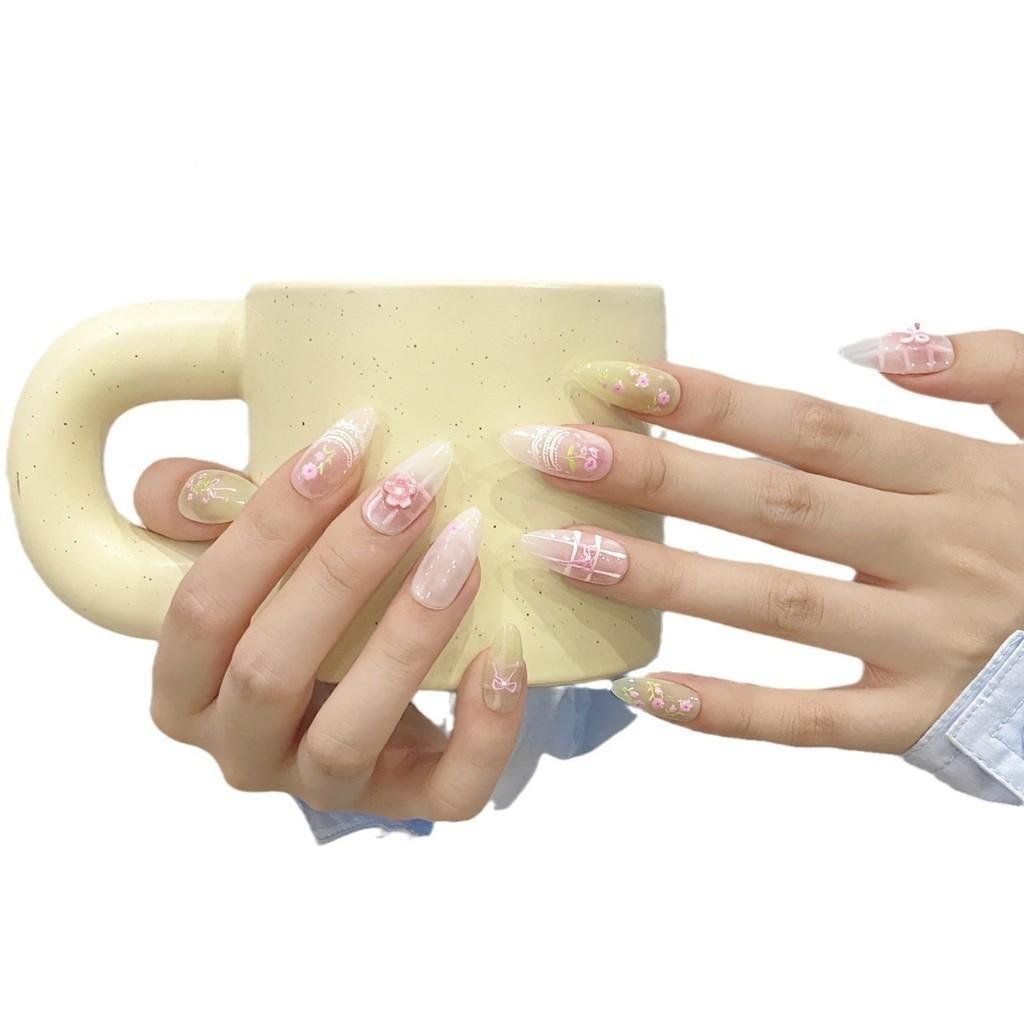 100% HANDMADE Press On Artificial Nail Almond Shape Full of Spring Sweetheart Cute Girl Phototherapy Nails Fake Nails Reusable
