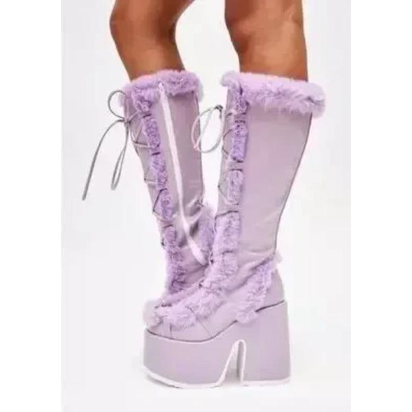 

Новые зимние женские зимние сапоги на платформе с танкеткой и высоким каблуком из искусственного меха, женские плюшевые теплые нескользящие сапоги до середины голени, готическая обувь 39