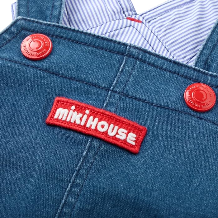 MIKI HOUSE Stretch Knit Denim Jumper Skirt with Solid for Baby Size S Indigo Web Exclusive Logo, Denim, Girls, & Kids, (70-80cm), Blue, 10-1830-142,