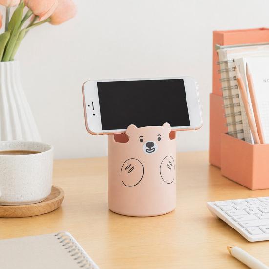 Xiaobudian Cute Bear 2-in-1 Pen Holder & Phone Stand, Macaron Colors Desk Organizer, Large Capacity Storage for Pens Makeup Brushes Scissors