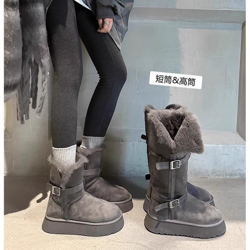 Grey Two-wearing Thick-soled Snow Boots for Women 2025 Winter New Heightening Thermal and Piled Thickened Long-tube Snow Cotton Shoes