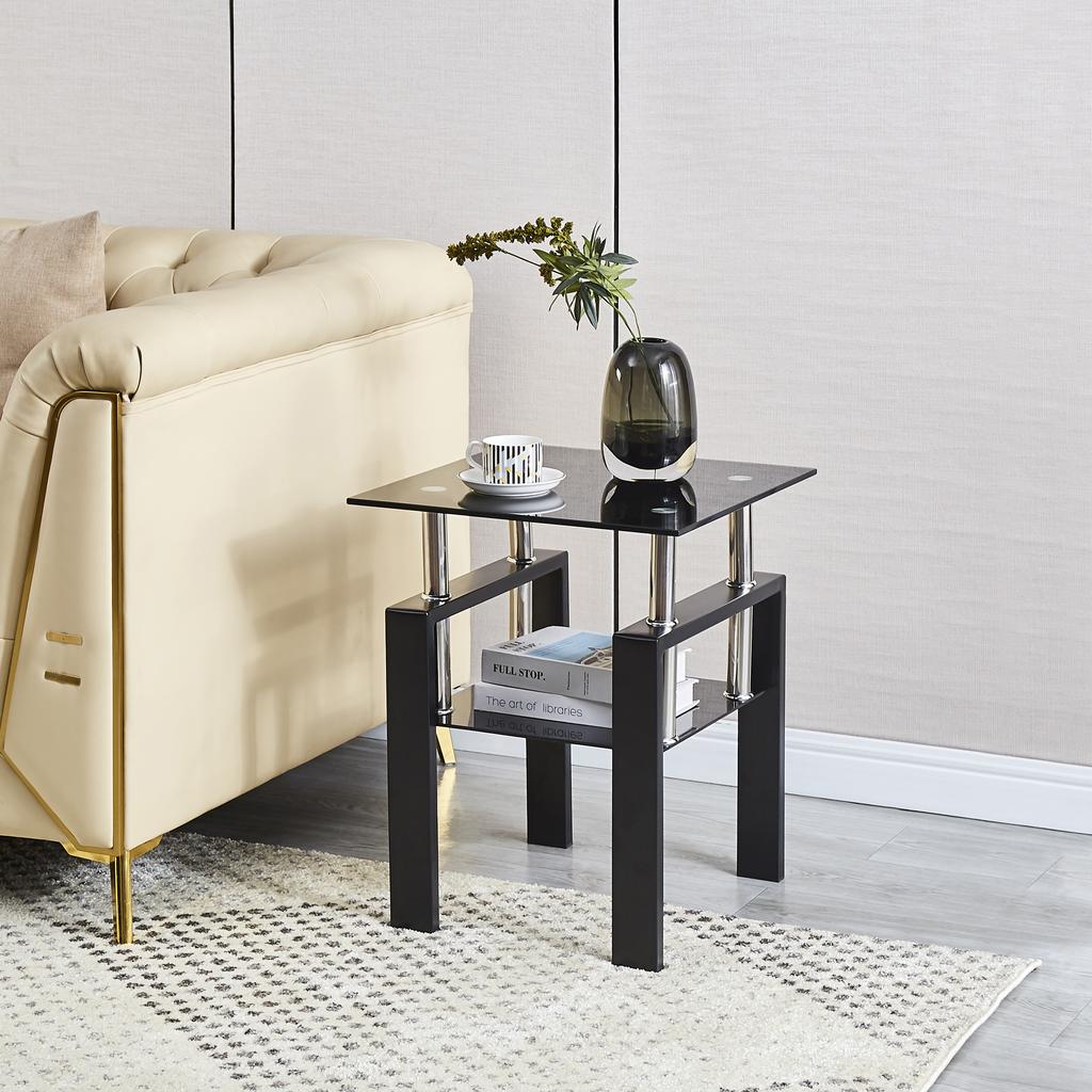 2-Piece Tempered Black Glass Sofa Table, Black Nightstand with Metal Leg for Living Room