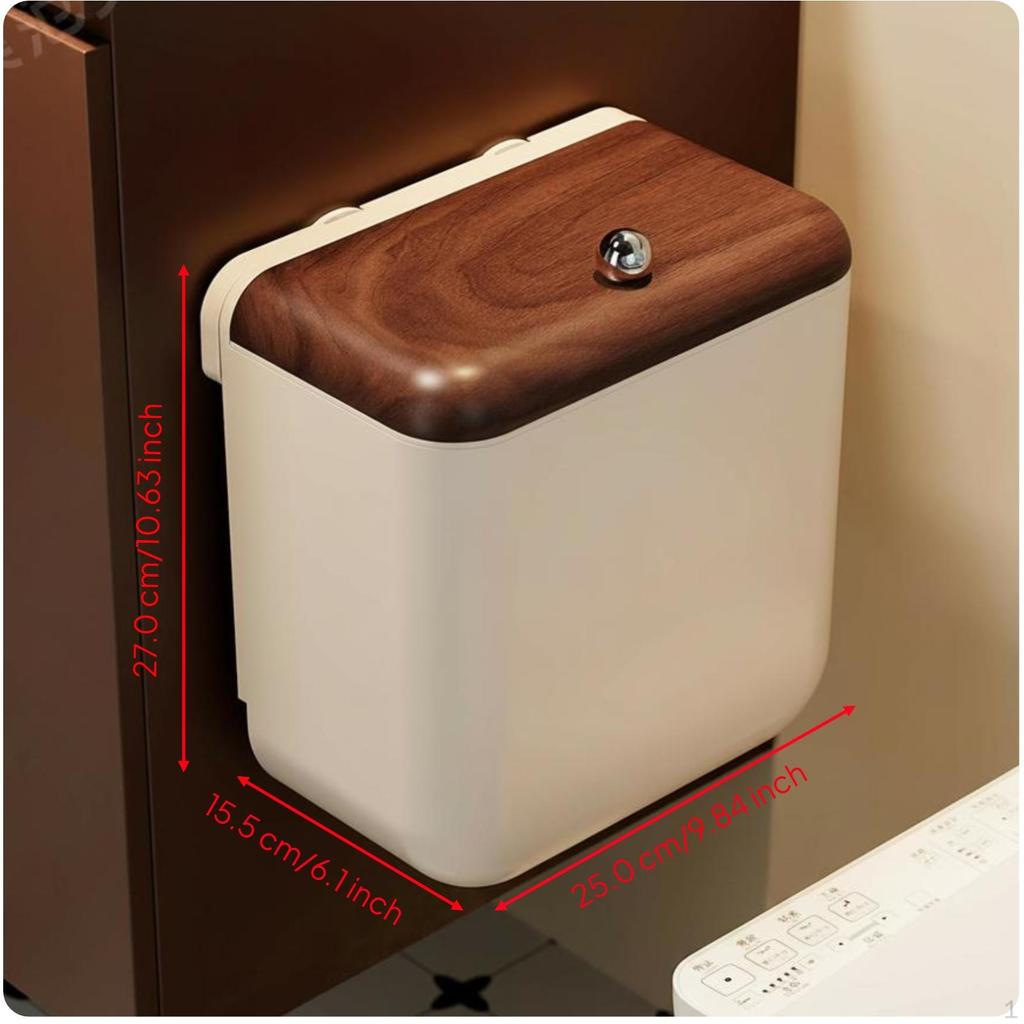 Wood Grain Trash Can, WallMounted Wastebasket, Bathroom, Kitchen, With Lid Creamy White 1 Pack