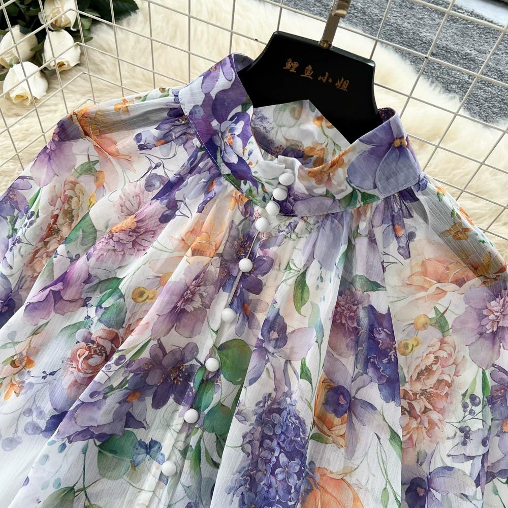 Summer Autumn New Arrival Flower Print Two Piece Pants Sets Women's Lantern Sleeve Blouse Tops and High-Waisted Wide-Leg Shorts Sets