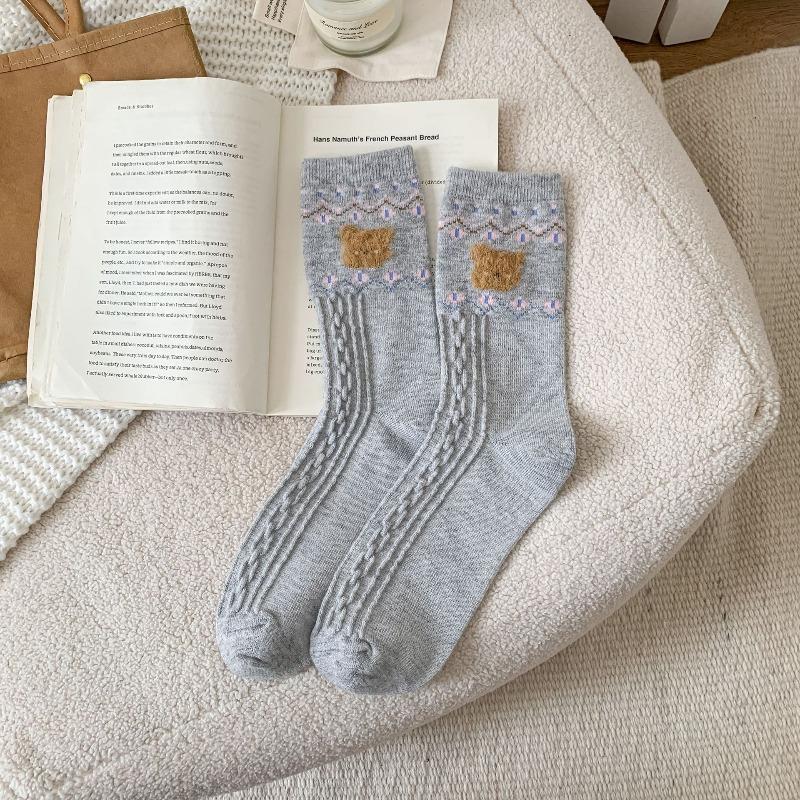 

Woolen Socks, Plush Bear, Sweet and Cute Girl, Versatile, Autumn and Winter Thickened and Fleece Warm Mid-calf Socks 1 pair