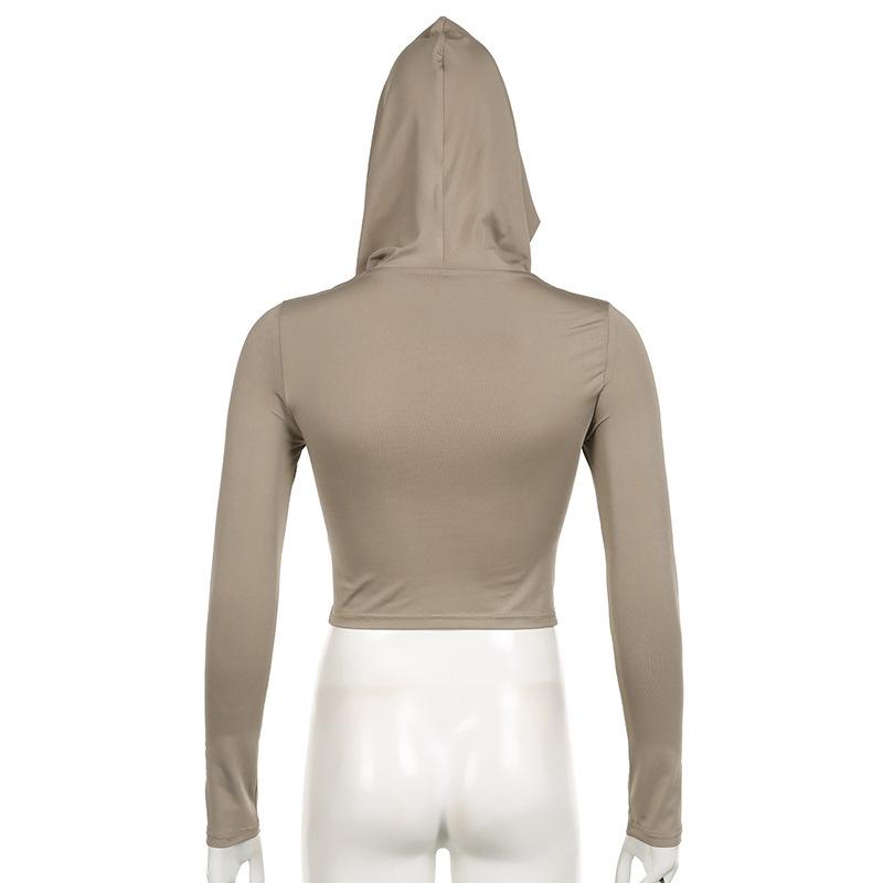 Women's Hooded Crop Tops Autumn Solid Color Long Sleeve Cowl Neck Slim Fit Short T-Shirt Streetwear Sporty Basics Tees