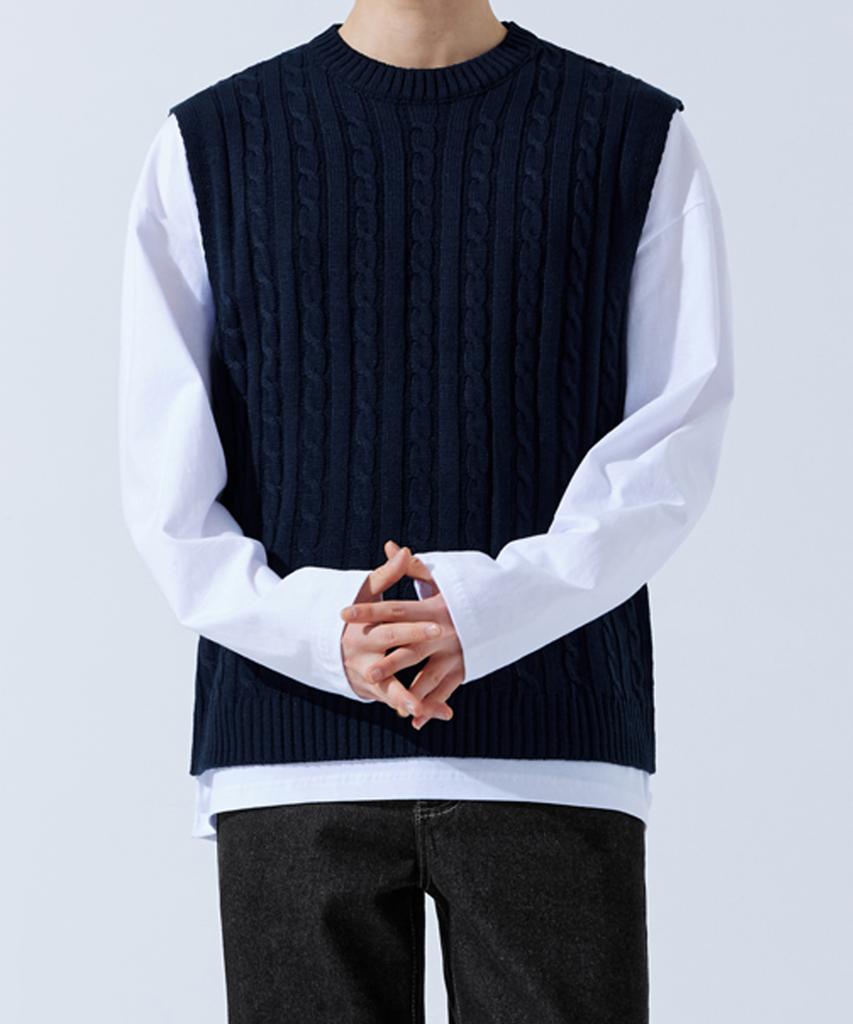 Topboy [2Pack] Regular Fit Cable Knit Round Neck Vest 6 Colors