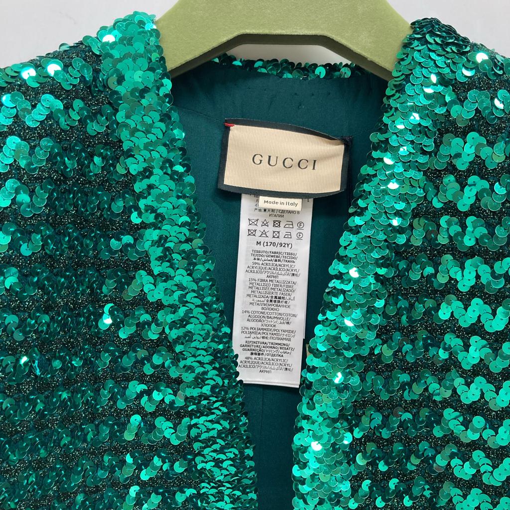 Gucci 653449 XKBTI Glitterx Sequin Silk Lining Collarless Buttonless Jacket M greenUsed