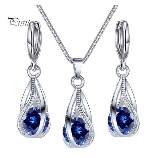 

Жіночий набір ювелірних виробів «Срібна крапля» Висячі сережки та намисто з кубічного циркону «Сльоза» Набір весільних аксесуарів для нареченої синій