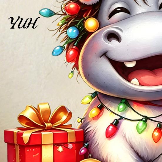 Decorative Stickers for Balcony Cartoon Hippo Christmas Wall Decal, Cute Sticker with Colorful Lights & Cheerful Animal Pattern Xmas Balls, Waterproof