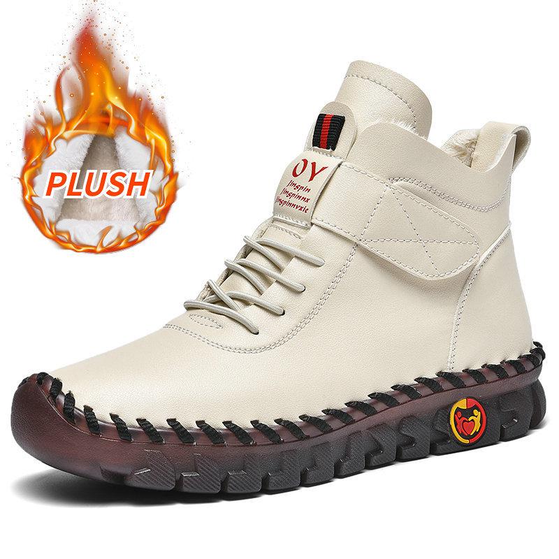 Winter Hand-stitched Women Boots Fur Plus Velvet Warm Platform Ankle Boots Red Leather Boots Women's Anti Slip Mom High Top Boot