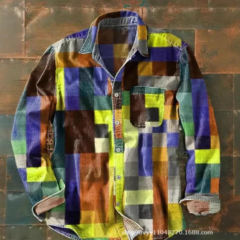 Vintage Colorblock Karomuster 3D-Druck Langarm Knopfhemd für Herren