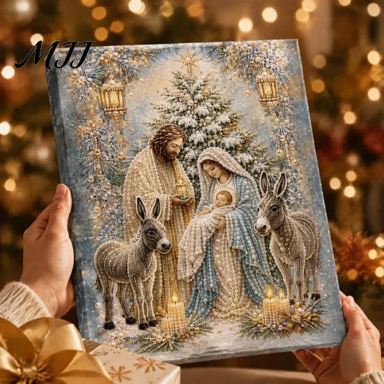 Nativity Craft for Adults Faux Pearl Art Kit, Holy Family Painting DIY Catholic Prayer Corner Decorations 3D Religious Set Adults, Home Christmas Wall
