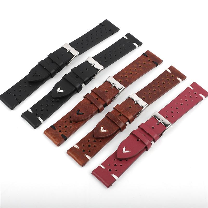 Available Porous Genuine Leather Watch Strap, Quick Release, Brown Cracked Pattern, Sizes: 18mm, 20mm, 22mm, 24mm.