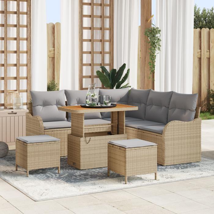 Canapé de Jardin 8 Pièces Beige Rattan Poly Acacia, Canapé de Jardin 2 Places Beige Rattan, Salle à Manger Extérieure 3 3362267