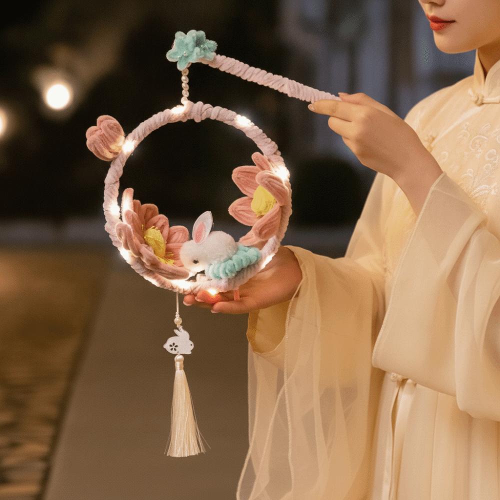 Handmade Rabbit Hoop Lamp Glowing Chenille Stems Craft Bunny Wreath Lantern  Mid-Autumn Festival