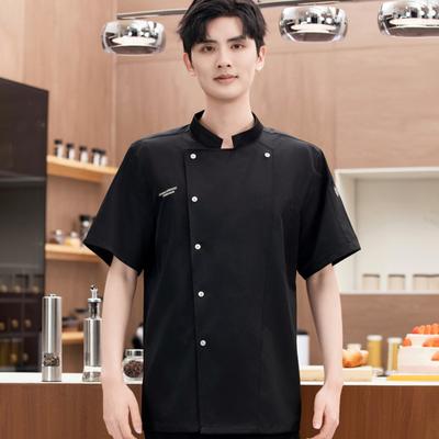 Chef Clothes Stand Collar Short Sleeve Single-Breasted Men Women Chef Uniform Breathable Solid Color Design Chef Suit