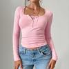 Women's Casual V-neck Buttoned Sexy Slim Ribbed Knit Long-sleeve Top