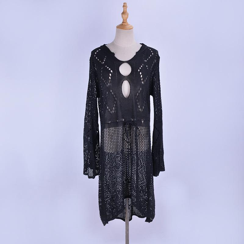 

Сексуальный женский купальный костюм, пляжная накидка, ажурное трикотажное женское расклешенное платье с рукавами, однотонное пляжное платье Saida De Praia One Size чёрный