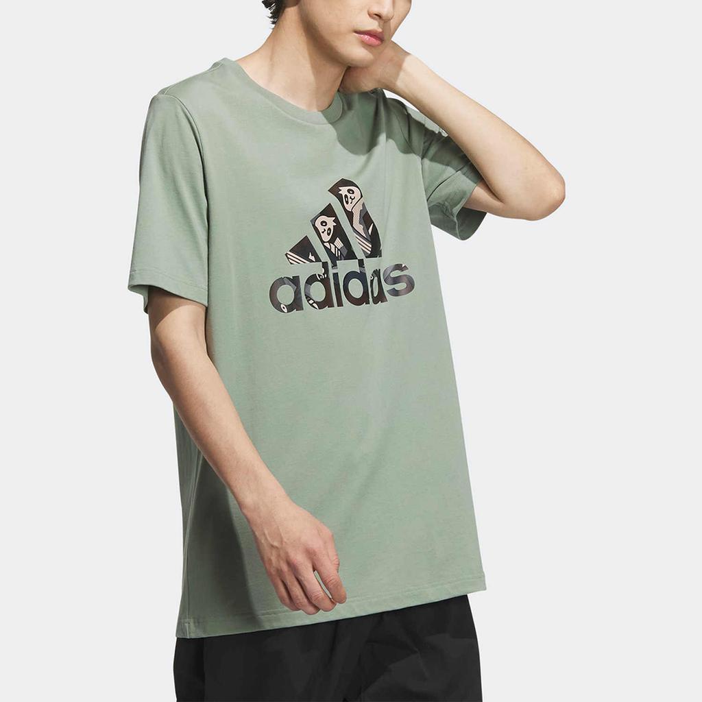Adidas Alphabet Logo Cartoon Panda Print Round Neck Short Sleeve T-Shirt Men Tops Silver Green IP3967