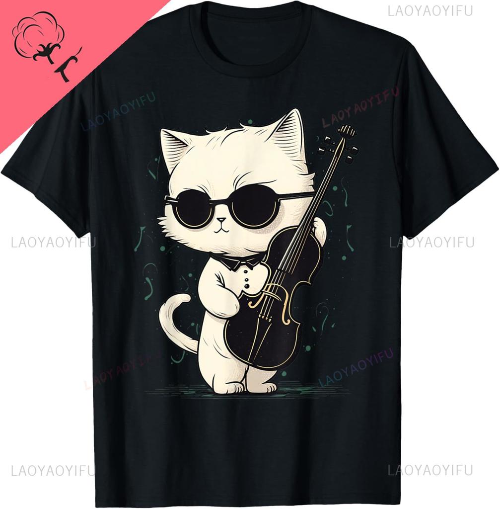 Kawaii Cat Playing Violin Wearing Sunglasses Funny TShirt Breathable and Comfortable Unisex Summer Streetwear Tops Camisas