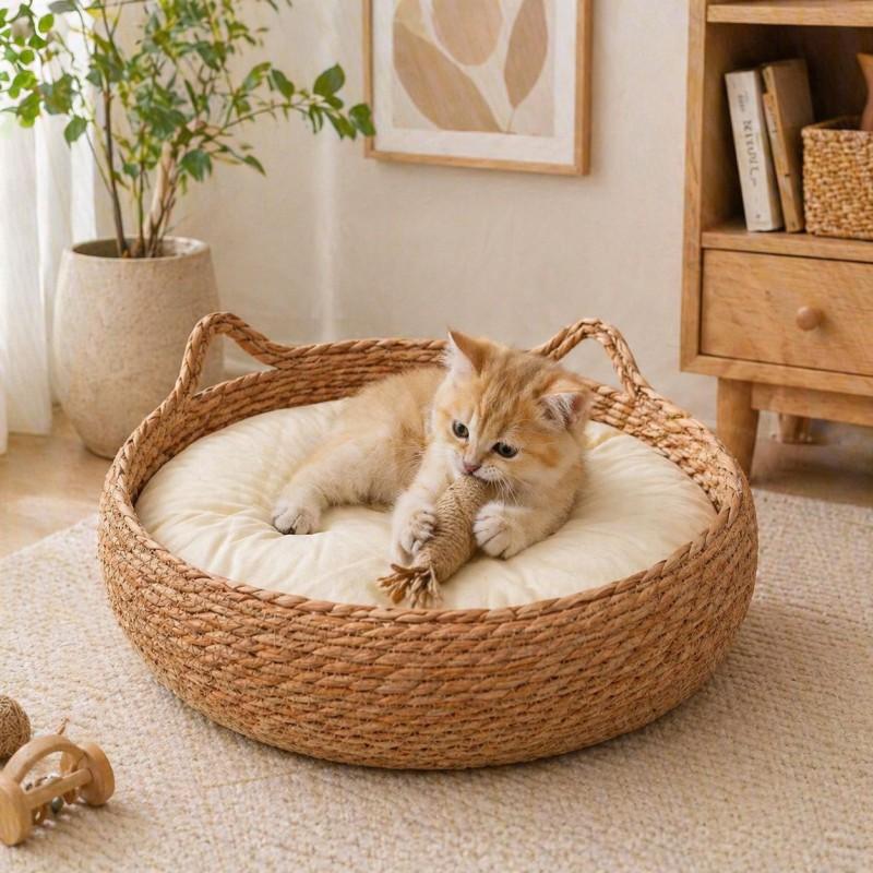 Natürliches gewebtes Katzenbett Winter Ganzjahres-Rundes Haustiernest Kleine Mittlere Große Katzen Mit Kissen Kühlmatte