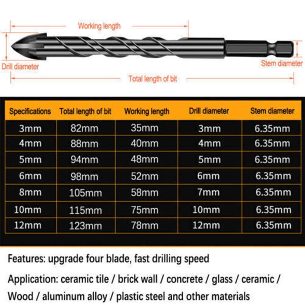 7Pcs Multifunction 4-Edge Cross Drill Bit Set Black Concrete Drill Bit Set Durable Tile Drill Bit