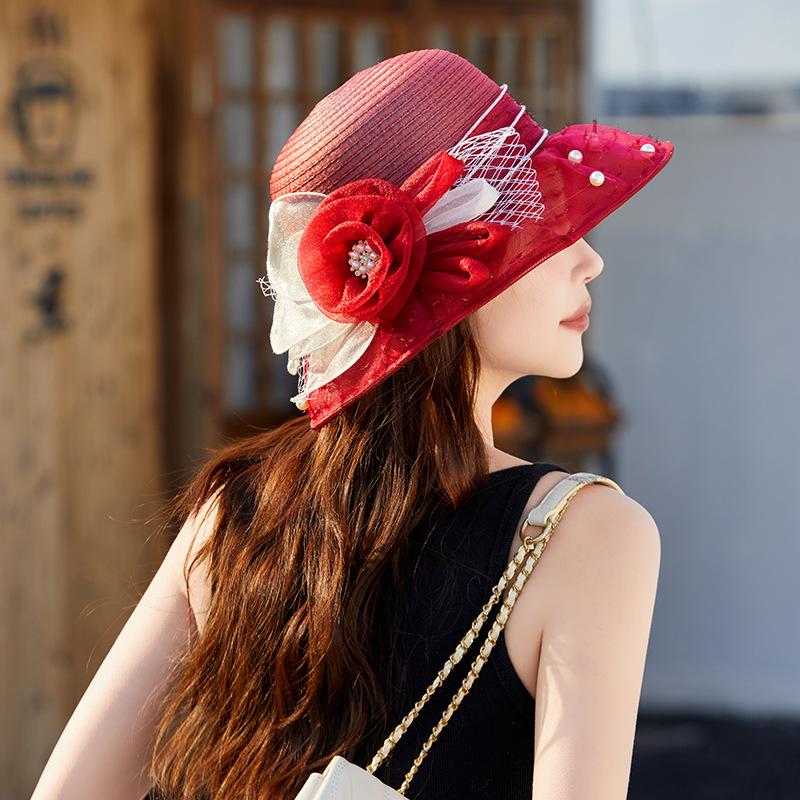 New hat women's summer beads fashionable versatile retro elegant flower temperament sunshade sunscreen cool hat top hat
