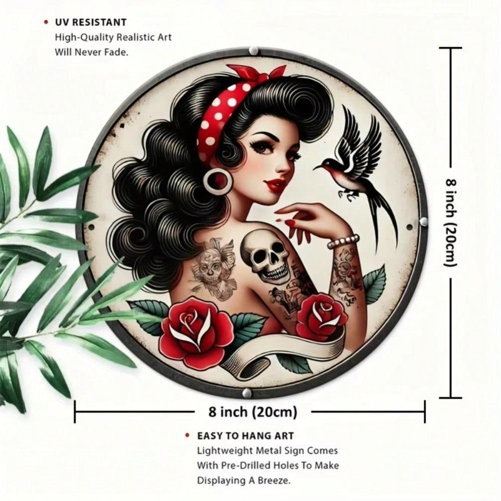 Vintage Tattoo Metal Wall Decor Round Aluminum Art Easy Hang Bedroom Home
