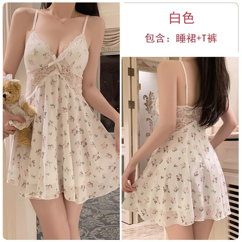 

Sexy perspective lace pajamas passion temptation plus chest pad sweet print pajamas home set C M белый