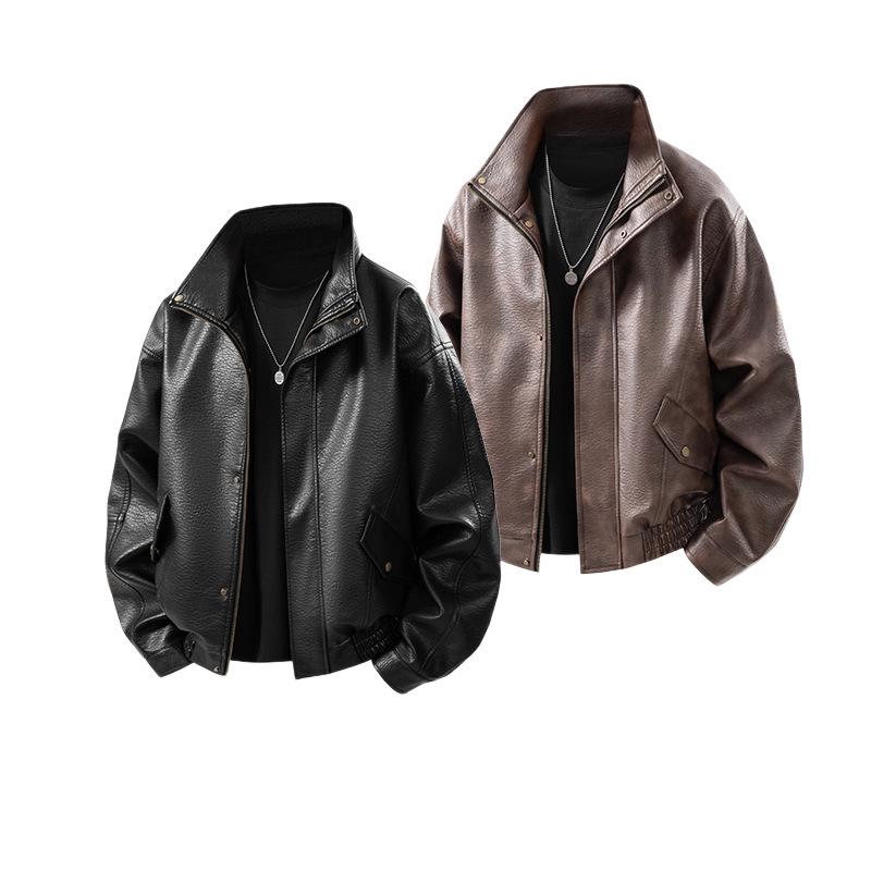 Mens Pu Leather Jacket Stand Collar Loose Retro Motorcycle Casual Outerwear