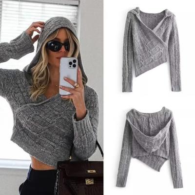 Suéteres Cropped com Capuz de Outono para Mulheres Suéter Tricotado Assimétrico Mulher Pulôveres de Manga Comprida Tricôs Tops