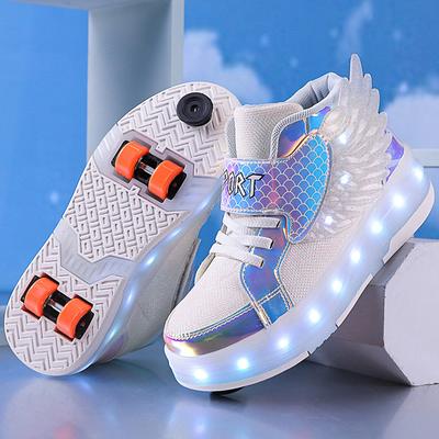 Kinder-Sportschuhe mit vier Rädern, abnehmbare flache Schuhe, wiederaufladbare LED-Leuchtsportschuhe mit Flügeln, Kinder-Skates mit Bremsen, Rollschuhe