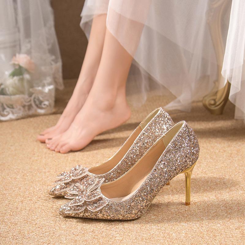 Red Crystal Wedding Shoes Women's Chinese Xiuhe Wedding Dress Two Wear Bridal Engagement Shoes Not Tired Feet Bow High Heels