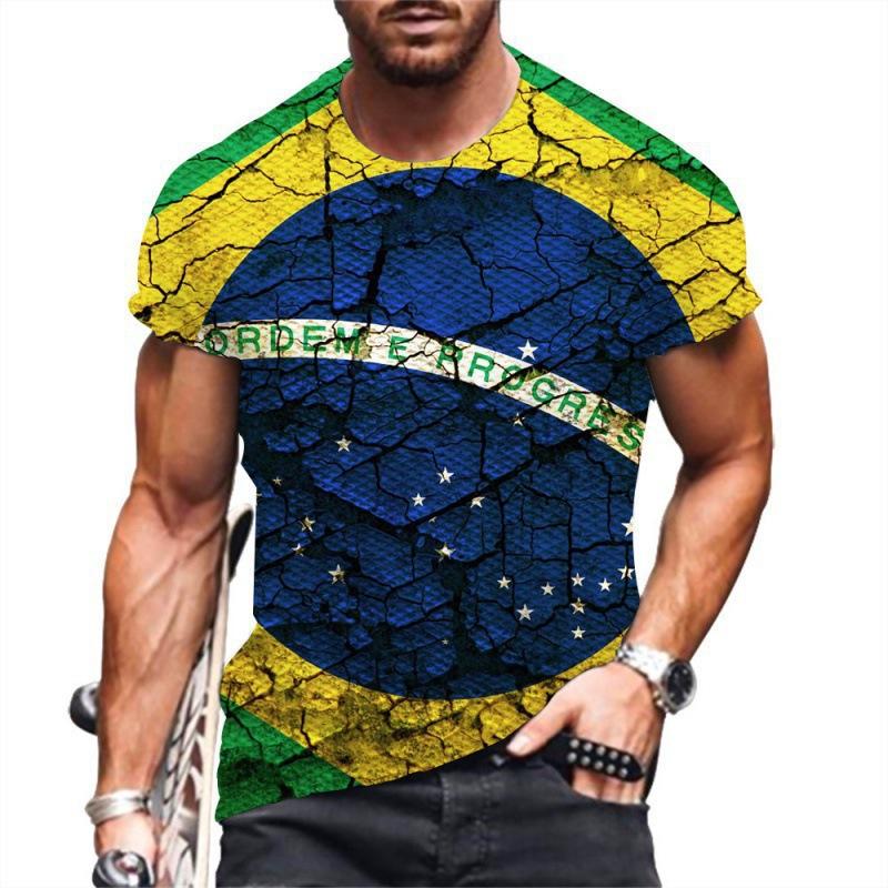Summer Round Neck 3D Brazilian Flag Football Jersey Print Top Fashionable Casual Short Sleeved Men's T-shirts
